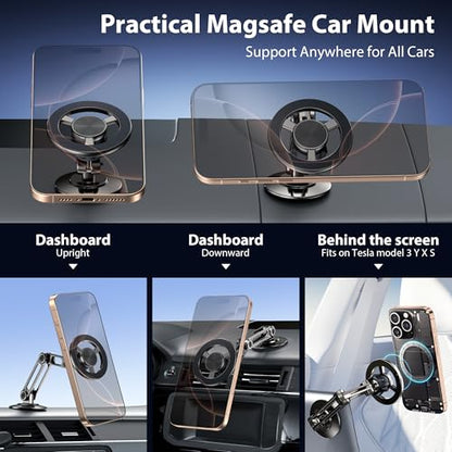 Ultra Magnetic Long-Arm Phone Holder Stand, Fits for MagSafe Car Mount Bracket【Windshield+Vent+Dash】, 360° Rotation Adjustable Strong Magnets Car Mount Desk Office Phone Cradle Holder, Black - color: Black