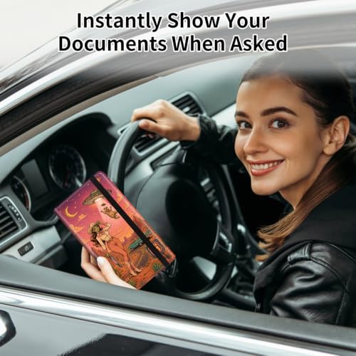 Car Registration and Insurance Card Holder Wallet, Alien Cowgirl Pink Vehicle Document Organizer for Glove Box, Auto License & ID Card Holder Case, Slim Multi-Slot Car Paper Organizer - color: Desert Alien Cowgirl Pink