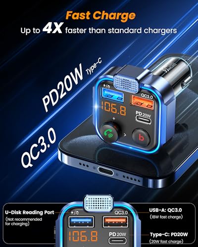 LENCENT FM Transmitter in-Car Adapter, Wireless Bluetooth 5.3 Radio Car Kit - size: Blue-38W