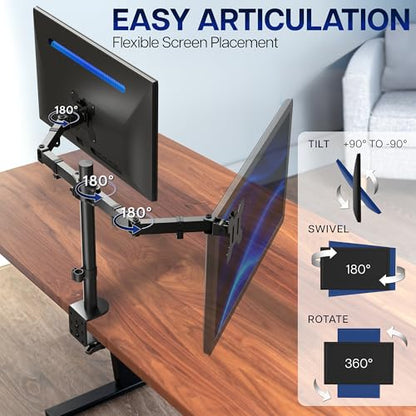 VIVO Dual Monitor Desk Mount, Holds 2 Computer Screens up to 30 inches and 22lbs Each, Heavy Duty Fully Adjustable Steel Stand with C-Clamp and Grommet, Black, STAND-V002 - color: Black, size: 13" - 30"