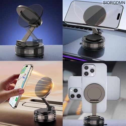 Vacuum Magnetic phone holders for your car dashboard,360°Rotatable Adjustable cell phone stand,Foldabl Magsafe Car Mount with Vacuum Suction Cup for Cars/Gym/Mirror/Smooth Surface iOS Android,Black