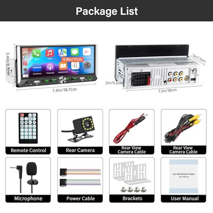 Single Din Car Stereo with Wireless Apple Carplay Android Auto 6.9'' Touchscreen 50W x 4 Output Car Radio bluetoothBackup Camera Mirror Link Navigation USB Type-C Fast Charging FM/AM EQ SWC