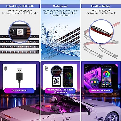 Car LED Strip Lights RGB 5050 4X 12-SMD Bar Colorful Bright Interior Atmosphere Under Dash Footwell Light, 5V USB Plug, Bluetooth APP and Remote Control, Music Sync