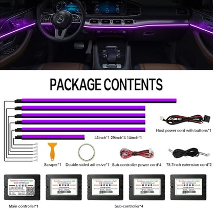 RGB Acrylic Ambient Lighting Car Lights, LED Strip Lights with APP Control, 593 LEDs Interior Car Lights, 6 in 1 Neon Car Ambient Neon Light Kits - size: RGB color 6 lights