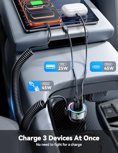 FLYLEAD 90W Car Charger USB C Fast Charge, PD45W for iPhone 17/16 Pro Max - color: Black - 6.7 FT
