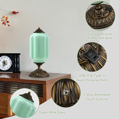 Green Milk Glass Touch Table Lamps Set of 2 - USB C+A Charging Ports - color: Green-2Pack
