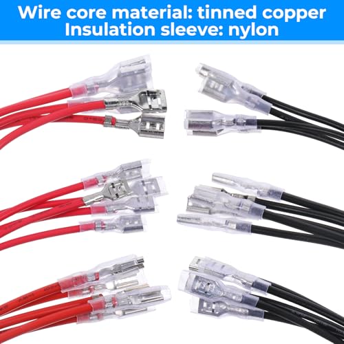 30Pcs 2.8mm 4.8mm and 6.3mm Female Spade Crimp Terminal with Insulating Sleeve and Wire, Red+Black Quick Splice Connector Kit for Speaker Wire, Crimp Terminal Assortment with 30cm Wires