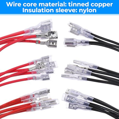 30Pcs 2.8mm 4.8mm and 6.3mm Female Spade Crimp Terminal with Insulating Sleeve and Wire, Red+Black Quick Splice Connector Kit for Speaker Wire, Crimp Terminal Assortment with 30cm Wires