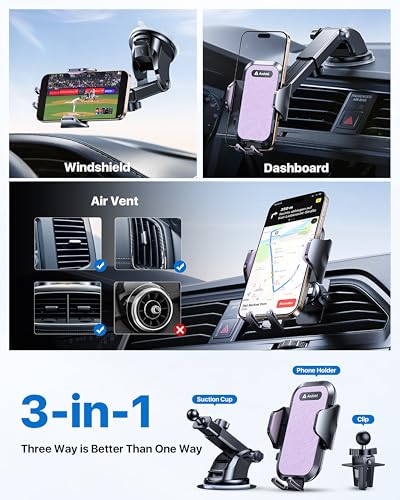 andobil Car Phone Holder, 2026 Military-Grade 89bs Strongest Suction Phone Holders for Your Car Dashboard/Windshield/Vent Easy Clamp Cellphone Holder Truck Stand for iPhone 17 16 15 Pro Max, Purple - color: Purple