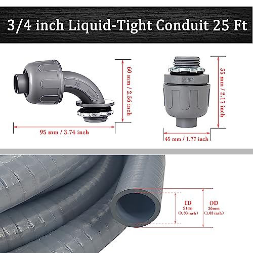 Liquid-Tight Conduit - 3/4inch 25 Foot Flexible Non Metallic Liquid Tight Electrical Conduit Kit, With 4 Straight and 3 90-Degree Conduit Connector Fittings.3/4" Dia - size: 3/4inch 25Ft