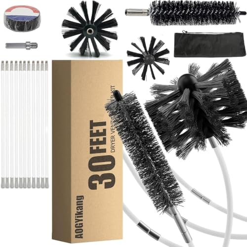 30 Feet Dryer Vent Cleaning Brush Kit, Multi-Purpose lint Cleaning Brush with 4" and 6" Brush Head, Professional Lint Cleaning Accessories for Chimneys, Ducts, Dryers, Crevices