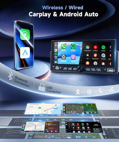 Single Din Car Stereo, 6.86" Touch Screen Car Radio with Wireless & Wired CarPlay Android Auto, Bluetooth FM USB EQ Mirror Link Steering Wheel Control + 12LED Backup Camera
