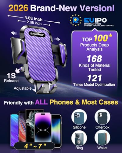 VANMASS Phone Holders for Your Car Ultimate Military-Grade Car Phone Holder Mount【Patent & Safety Certs】 Upgraded Shockproof Truck Air Vent Phone Mount for iPhone 17 Pro Max 16 Samsung Android,Purple - color: Purple