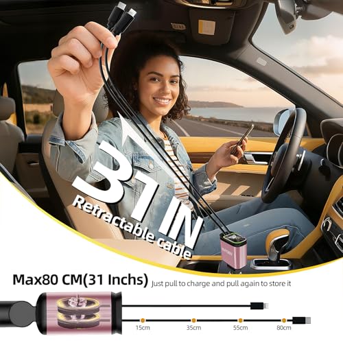 Retractable Car Charger with 31-Inch Cables 4 in 1 Fast Car Charger USB C Car Adapter with Starry Sky Light for iPhone 17 16 15 14 Car Accessories Gifts for Men Women Drivers (Pink) - color: PINK