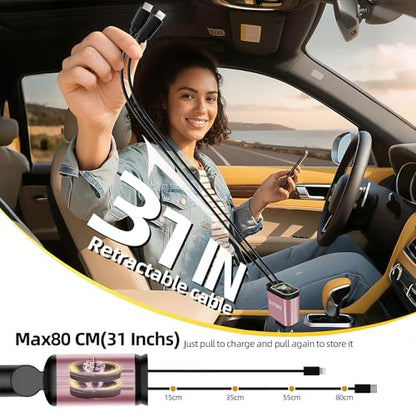 Retractable Car Charger with 31-Inch Cables 4 in 1 Fast Car Charger USB C Car Adapter with Starry Sky Light for iPhone 17 16 15 14 Car Accessories Gifts for Men Women Drivers (Pink) - color: PINK