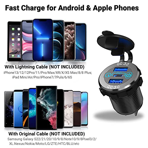 12V USB C Car Charger Socket 2 Pack, Qidoe 56W Aluminum Socket 12V USB Outlet 20W PD3.0 USB-C and Dual QC3.0 Ports with Touch Switch Waterproof DIY USB Port for Car Boat RV Motorcycle Truck Golf Cart