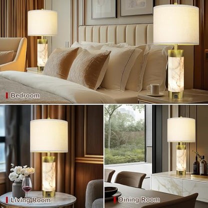 Scenekoy 27" Alabaster Table Lamps Set of 2,Table Lamp with Night Light - color: Pure White