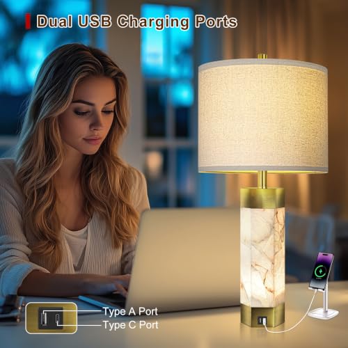 Scenekoy 27" Alabaster Table Lamps Set of 2,Table Lamp with Night Light - color: Pure White