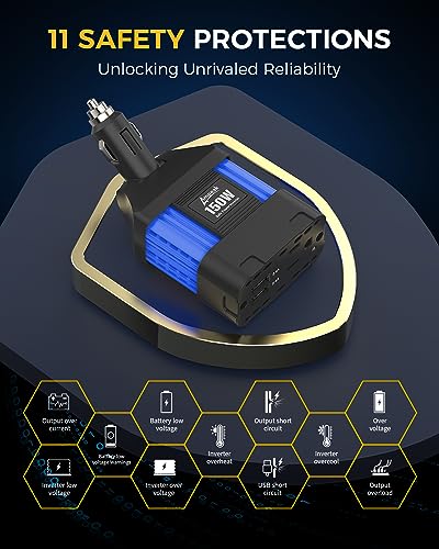 Ampeak 150W Car Power Inverter, 12V DC to 120V AC, Cigarette Lighter Plug - color: 150W Blue