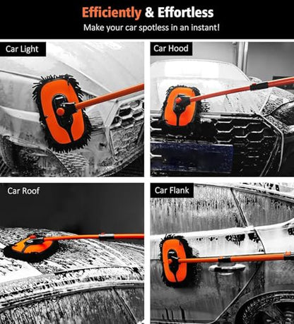 57'' Car Wash Brush with Long Handle Chenille Microfiber Car Wash Kit Mitt Retractable Bent Pole Car Wash Mop for Cars RV Truck Boat (Orange-2) - color: Orange-2