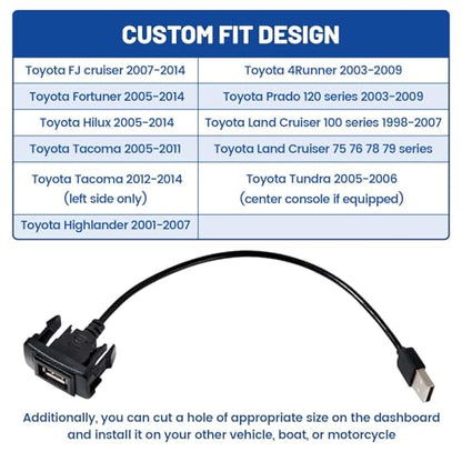 Anina 1.57"x0.87" USB Port Car Charger for Toyota, Male to Female USB Power Socket Adapter, Panel Flush Mount Extension Cable for Tacoma FJ Cruiser Highlander, Square Vehicle Dash Port for IOS Android