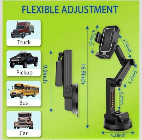 Truck Phone Holder Mount,Car Phone Holder,Dashboard Windshield Phone Holder 16.9 inch Long Arm,Super Suction Cup Compatible with Pickup Truck,Commercial Truck and All Phone
