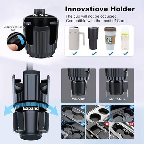 Cup Holder Phone Mount, 2 in 1 Universal Cup Holder Expander with Long Arm 360°Rotation Cup Phone Holder for Car Fits All 4-7” iPhone Galaxy Smartphones and Most Truck Bottles