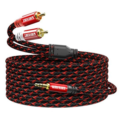 KIRFEIHT RCA to 3.5mm Audio Cable - 15FT AUX OFC Core Cord RCA Cables with Nylon Braided 1/8 Gold-Plated Connectors for Smartphones, Tablets, Speakers, HDTV, Amplifiers - Red & Black - size: 15FT, style: 2RCA TO 3.5MM