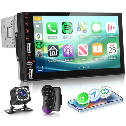 Single DIN Touch Screen Car Stereo with Wireless Carplay and Android Auto Mirror Link, Driauto 7 Inch 1 DIN Car Radio with Bluetooth FM EQ Steering Wheel Control Backup Cam Online Video USB AUX Type-C
