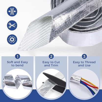 Automotive Aluminum Heat Shield Sleeve Wrap Wire Up to 485 °F, Cable Heat Shield Fire Sleeve Heat Resistance Silver Inner Diameter (1-1/2"-14ft) - size: 1-1/2"-14ft