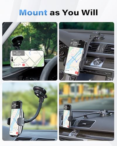 1Zero Solid Car Truck Phone Mount Holder with Thick Gooseneck Long Arm, Windshield Window Mobile Holders w/Industrial-Strength Suction Cup, Anti-Shake Stabilizer Compatible All Cell Phones, Black - color: Adjustable 8-Inch Gooseneck