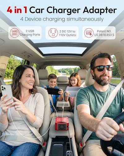 BESTEK Pure Sine Wave Power Inverter - 300W Car Plug in Charger Outlet DC 12V to 110V AC - Cigarette Lighter Adapter 4.8A Dual USB Fast Charging Ports for Laptop - Aluminum Housing - Red - color: Red