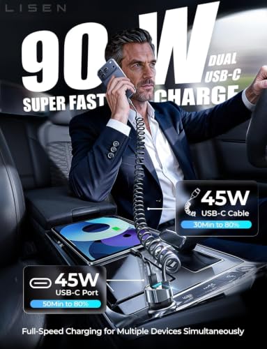LISEN 90W for iPhone 17 16 15 Pro Max Car Charger USB C Fast Charge - color: Black-60inch