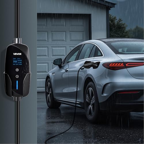 VEVOR Level 1 & Level 2 EV Charger, 16 Amp Portable Electric Vehicle Charger with 25 ft Cable, NEMA 6-20P Plug & 5-15 Adapter, J1772 Home Charging Station, LCD Display, IP66 Weatherproof