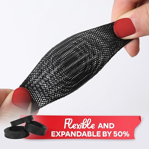 XFasten Cord Protector 1/2 Inch 25ft - PET Expandable Braided Cable Sleeve - Pet Chew Proof Wire Loom for Audio, Video, PC, TV, Automotive Wire Management, Puppy, Cat Proof Black Cable Wrap for Cords
