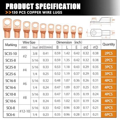 mankk 130PCS Copper Wire Lugs AWG 2 4 6 8 10 12 14 16 Gauge Battery Terminal Connectors Battery Cable Ends Connectors Copper Ring Terminal Kit with Heat Shrink - color: 130PCS