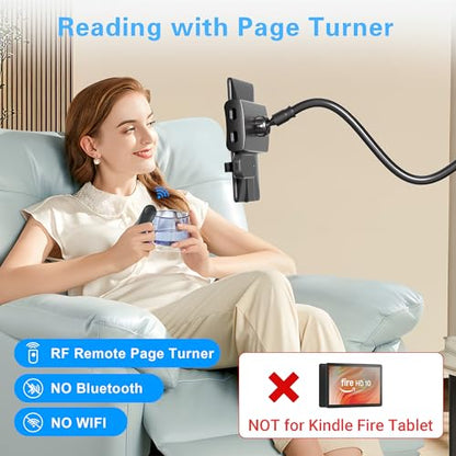 Kefotic Bedside Tablet Holder for Kindle Reading in Bed with Remote Page Turner, Hands Free Desk Gooseneck Stand for Kindle Accessories, Gifts for Readers