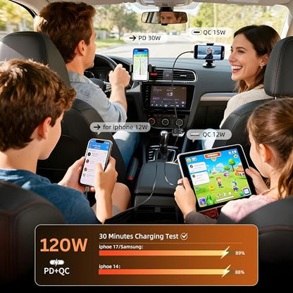 Retractable Car Charger, 4-in-1 Fast Charging USB C & USB A Port, 60W PD Car Phone Charger Adapter, Multi Cigarette Lighter Charger Cable for iPhone 17/14/13, Samsung Galaxy, Android Devices