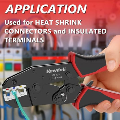 Newdeli Wire Crimping Tool for Heat Shrink Wire Connectors - AWG 22-10 Ratchet Wire Crimper Tool for Electrical Insulated Nylon Wire Terminals Heatshrink Butt Connectors Ratcheting Crimping Plier - style: ND-125 for heat shrink connectors