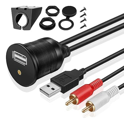 TNP USB RCA Flush Mount Cable - Dashboard Panel Dash Mount Port USB + RCA to USB + 3.5mm AUX Socket Jack Plug Connector Extension Wire Cord for Car Truck Trailer Boat Motorcycle (1M / 3FT)