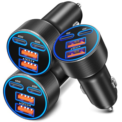 USB C Car Charger, 3 Pack 90W 4-Port Dual 45W Super Fast Car Phone Charger PD/QC 3.0 Fast Charging 12V Cigarette Lighter Adapter Plug for iPhone 17 16e 15 14 Pro Max, Galaxy S26 S25, Android - color: Black