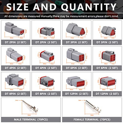 Newdeli Deutsch Connector Kit 188Pcs 12 Sets 2 3 4 6 8 12 Pin Connectors with Size 16 Stamped Contacts 14-20AWG DT Series Sealed Waterproof Automotive Electrical Wire Connectors - size: DT Connector 188 Pcs Multi-Pin Kit