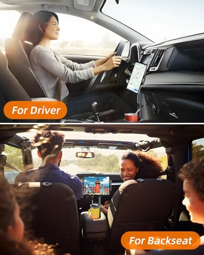 3 in 1 Tablet Holder for Car Bottle, 360°Rotatable & Aluminum Telescopic Arm Sturdy Rod Cup Holder Tablet Mount for iPad Pro 12.9/11/10.5/9.7/Air/Mini 6/5/4, iPhone 17/16/Pro, 4.7-12.9" Tab & Phone