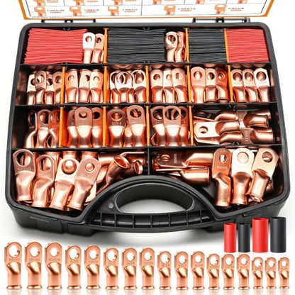mankk 230PCS Copper Wire Lugs AWG 1 2 4 6 8 1/0 2/0 Gauge Battery Terminal Connectors Battery Cable Ends Connectors Copper Ring Terminal Kit with 3:1 Heat Shrink Tubing - color: 230PCS-Handheld Box