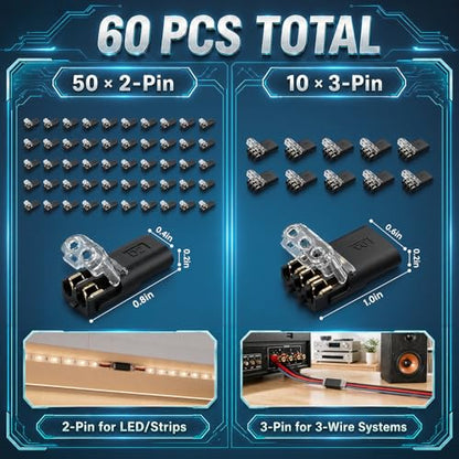 60Pcs Quick Connect Wire Connectors Kit, 50x 2-Pin & 10x 3-Pin Double Wire Plug in Connectors with Locking Buckle, Wire Connectors Push-in for LED Strip Lights, Automotive (Storage Box)