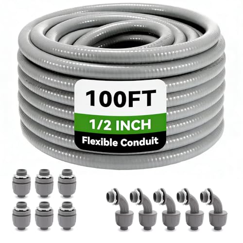 100 Foot Liquid-Tight Conduit Kit - 1/2inch Flexible Non Metallic Liquid Tight Electrical Conduit and 6 Straight and 5 Angle Fittings Included. 1/2" Dia - size: 100FT
