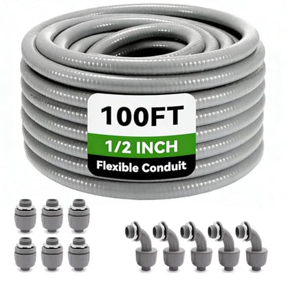 100 Foot Liquid-Tight Conduit Kit - 1/2inch Flexible Non Metallic Liquid Tight Electrical Conduit and 6 Straight and 5 Angle Fittings Included. 1/2" Dia - size: 100FT