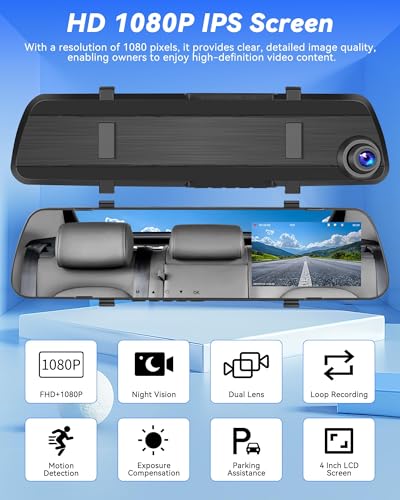 4 inch Mirror Dash Cam,1080P Rear View Mirror Camera for Cars,Dual Dash Cameras Front and Rear HD Night Vision,24H Parking Monitoring,Loop Recording, Motion Detection,Reversing Assistance,32GB TF Card