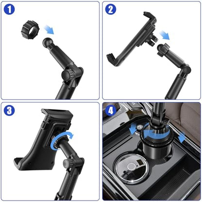 Tablet Holder for Car, for iPad Cup Holder Car Mount with 1.57" Depth Large Clamp 15" Height Adjustable Tab Mount Holder for 6"-12.9" Cell Phone iPhone iPad Stand Travel Accessories 1