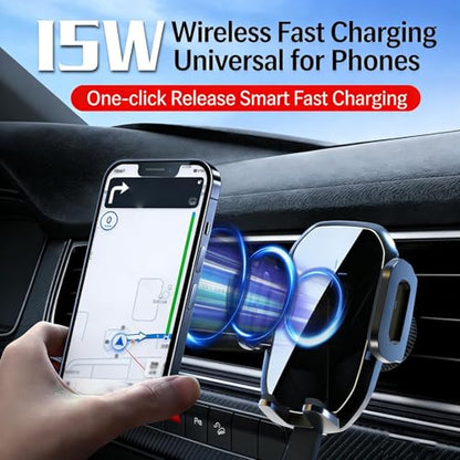 Wireless Car Mount Charger, Phone Holders for Your Car, 15W Auto Clamping Phone Mount for iPhone 16 15 14 13 12 Mini Pro Max 11 XR XS, Samsung Galaxy S24 Ultra S23 S22+ Note 20, etc